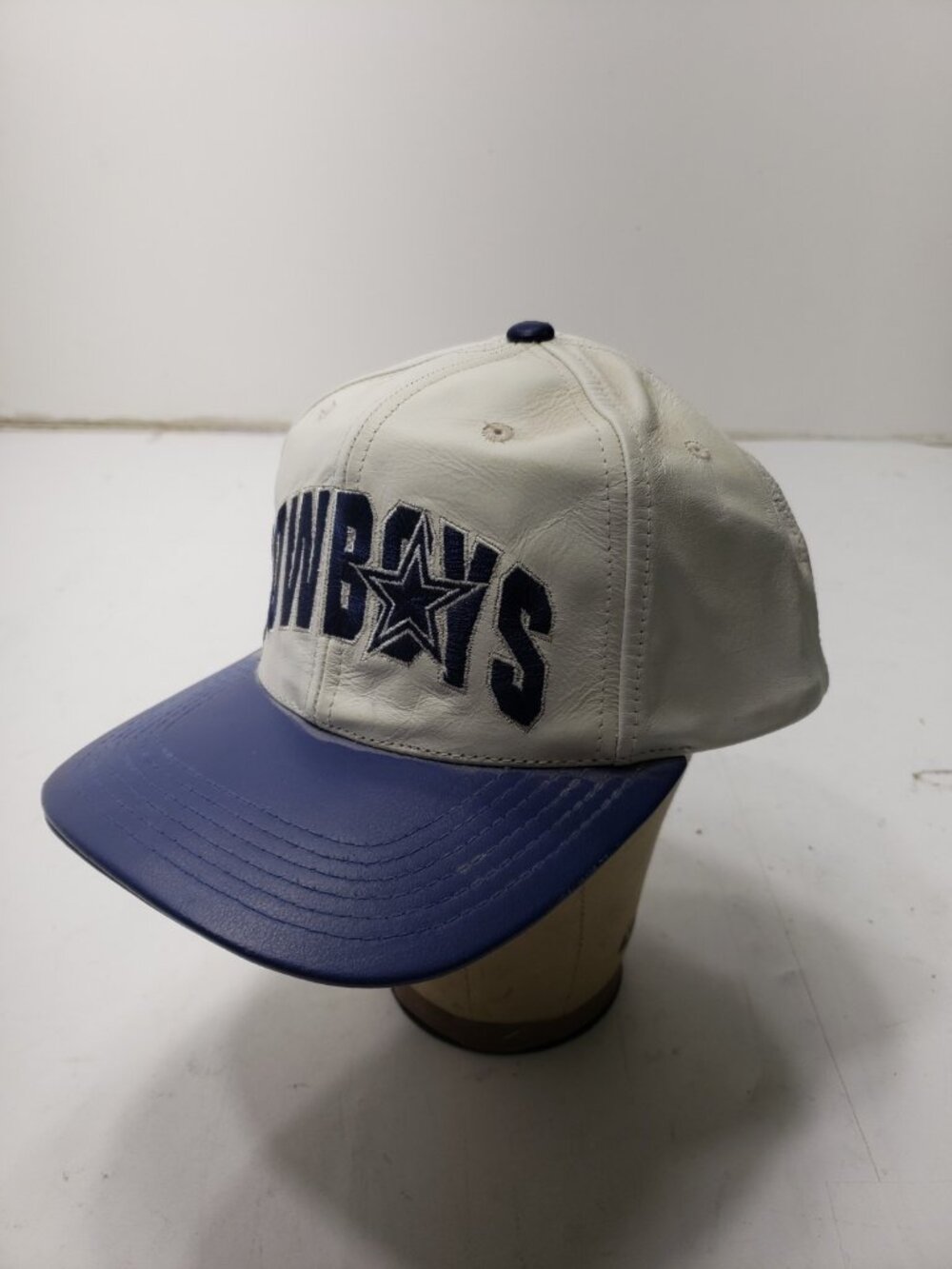 Vintage Dallas Cowboys Drew Pearson White Blue NFL Snapback Hat Faux Leather VTG